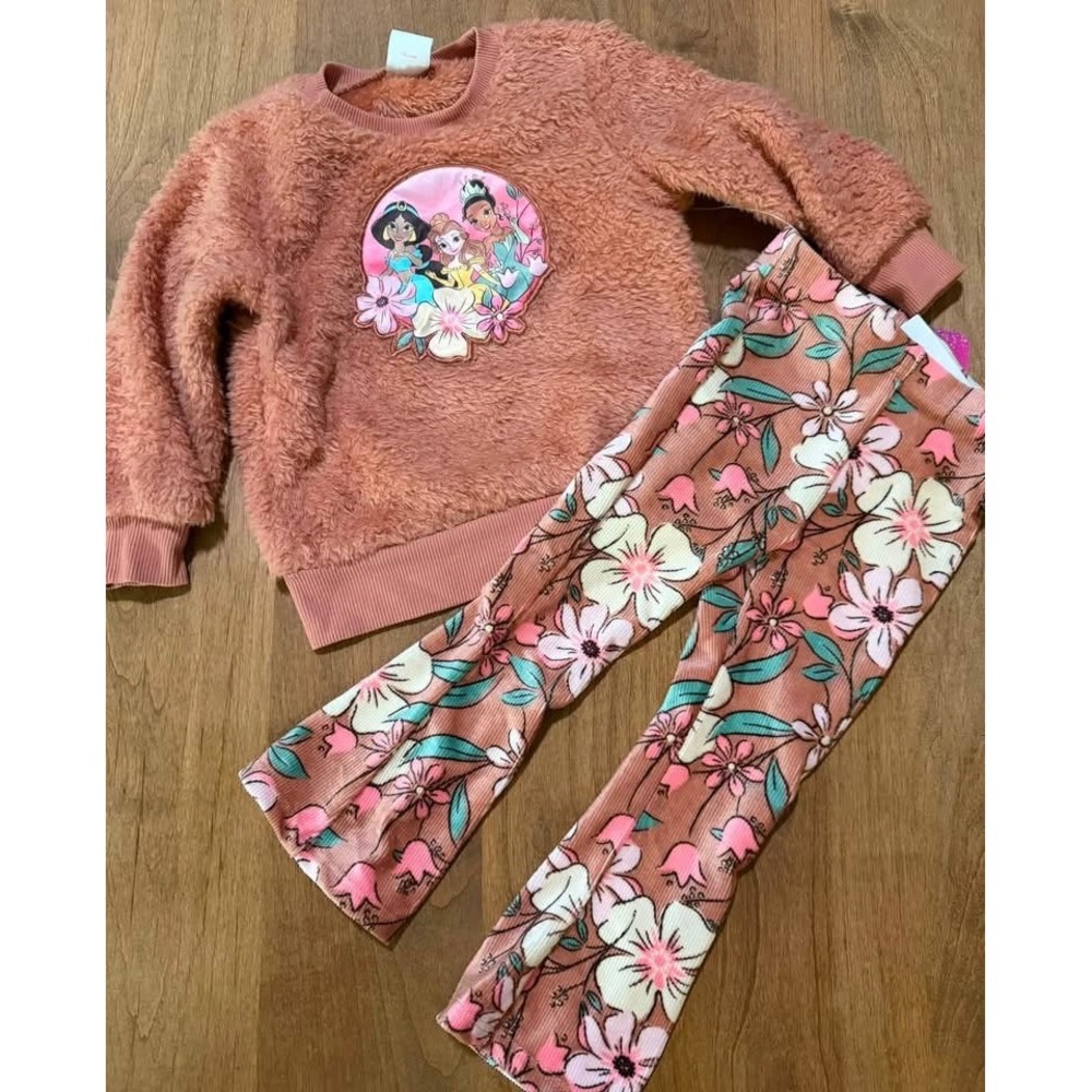 Disney Princess Girls Faux Fur Sweatshirt and Floral Flare Pants Set Mauve Pink